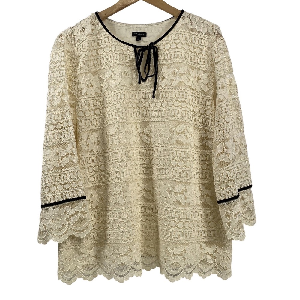 Talbots Womens Layered Lace Velvet Trim Keyhole Ruffle Blouse sz XL Ivory Classy